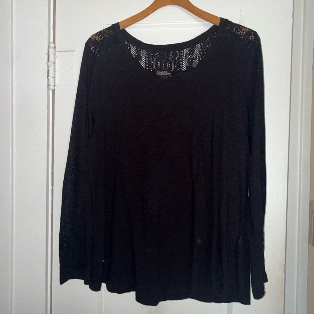 Lucky Brand Black Long Sleeve Knit Top with Lace Yoke & Sleeves